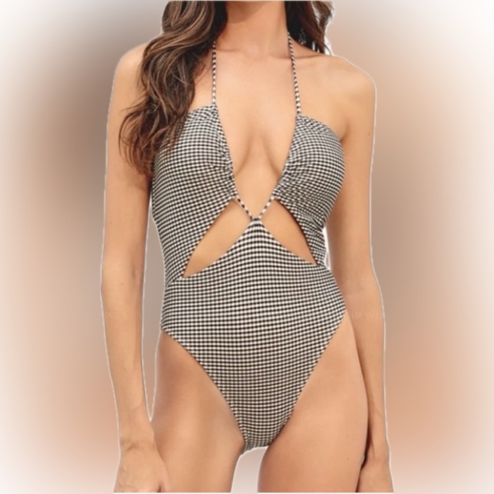 VIX Gingham Lupita Eve One Piece Cutout Swimsuit Black White Checkered Small NWT